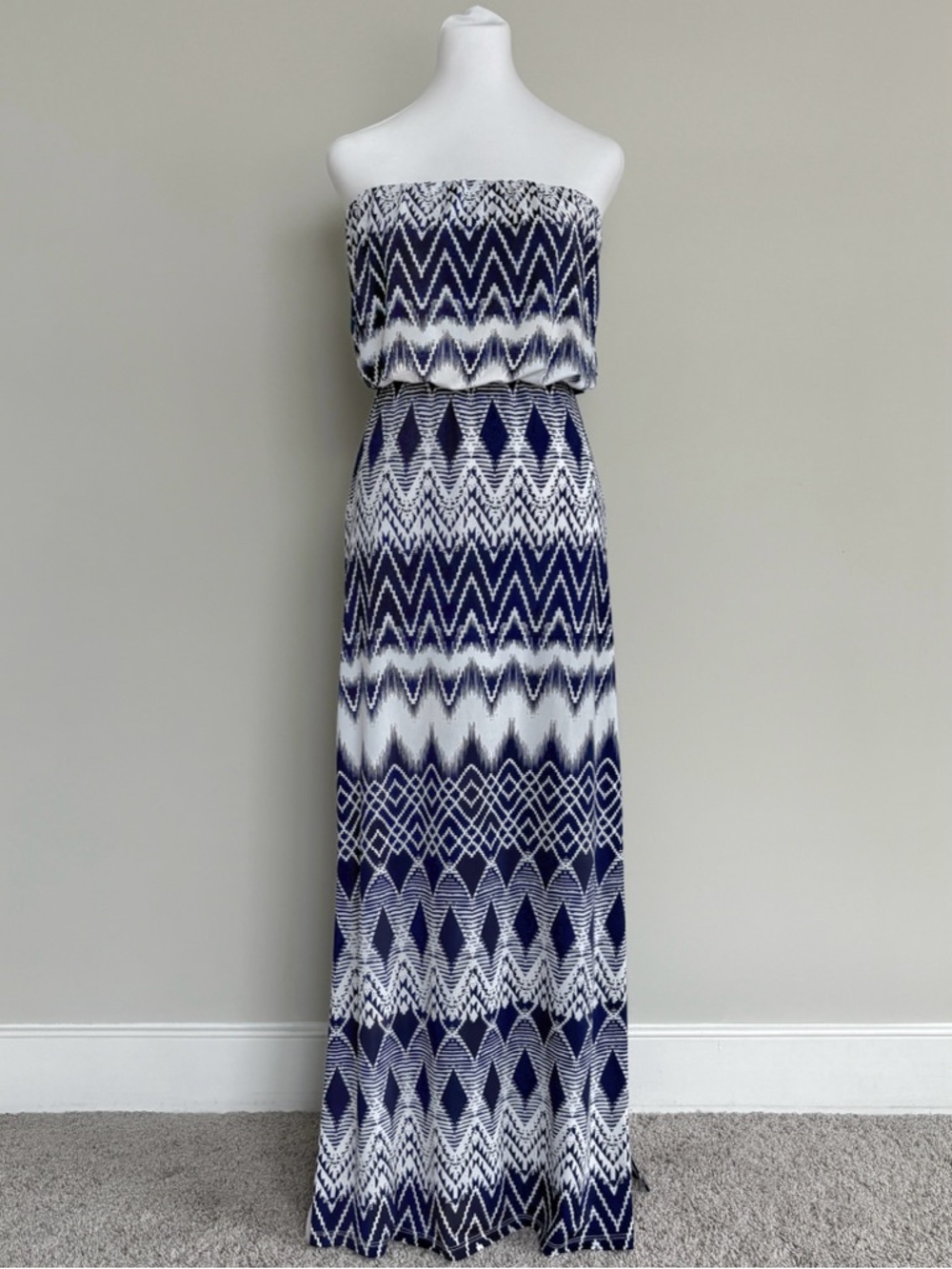 Lucy Love Strapless Alexa Maxi Dress Blue and White Boho Tribal Print